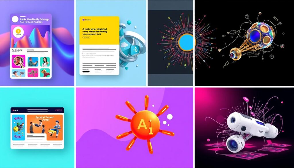 Collage showing various use cases for AI-generated images including social media, blog posts, and concept art Collage showing various use cases for AI-generated images including social media, blog posts, and concept art