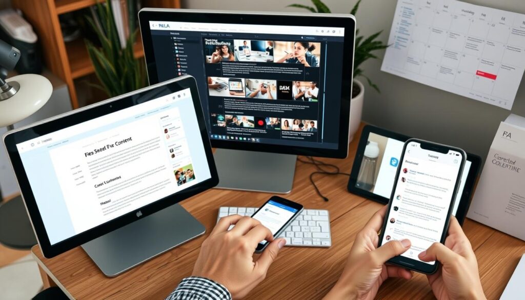 Content creator reviewing multiple AI-generated content pieces across different platforms and formats Content creator reviewing multiple AI-generated content pieces across different platforms and formats