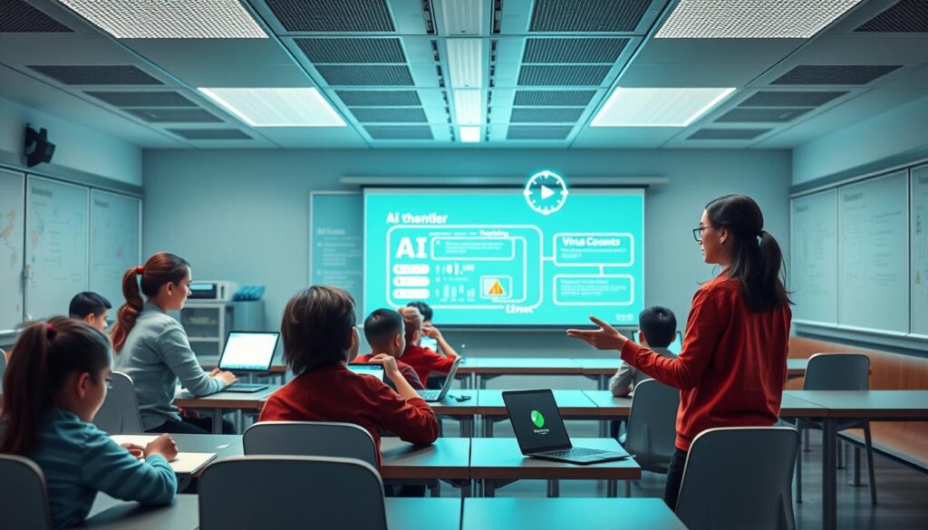 Future classroom with teachers and students collaboratively using AI tools