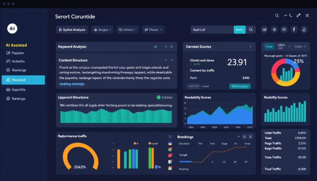 SEO dashboard showing AI-optimized content with keyword analysis and performance metrics SEO dashboard showing AI-optimized content with keyword analysis and performance metrics