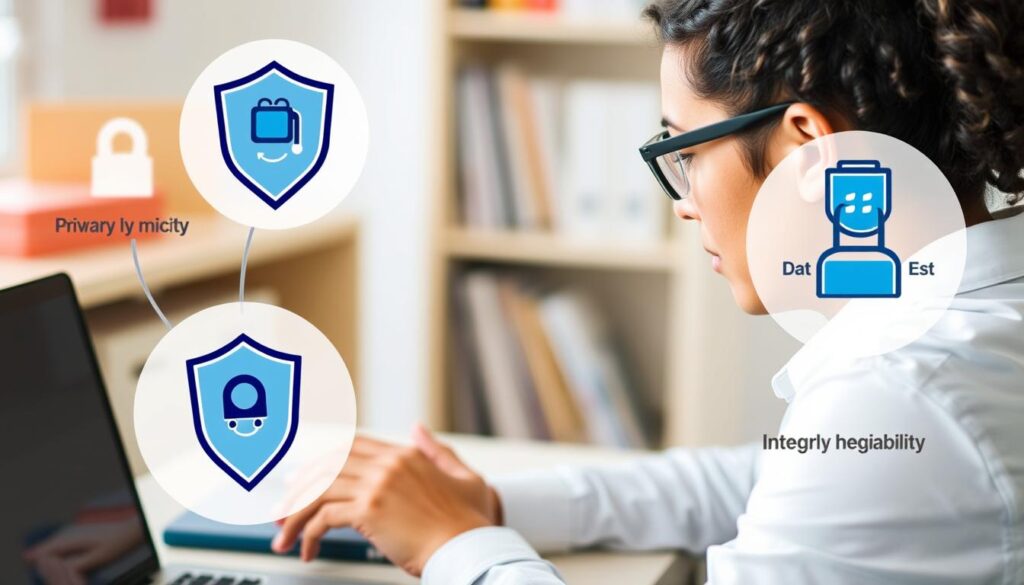 Teacher evaluating AI tools with privacy and security considerations