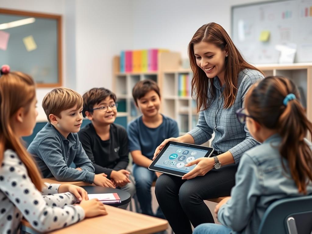 Teacher introducing AI tools to students in a collaborative classroom setting