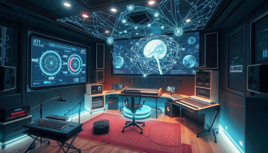 Futuristic AI music studio concept