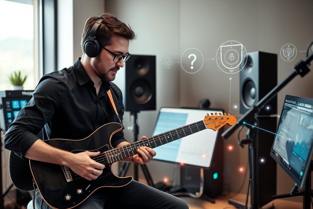 Musician collaborating with AI system in studio