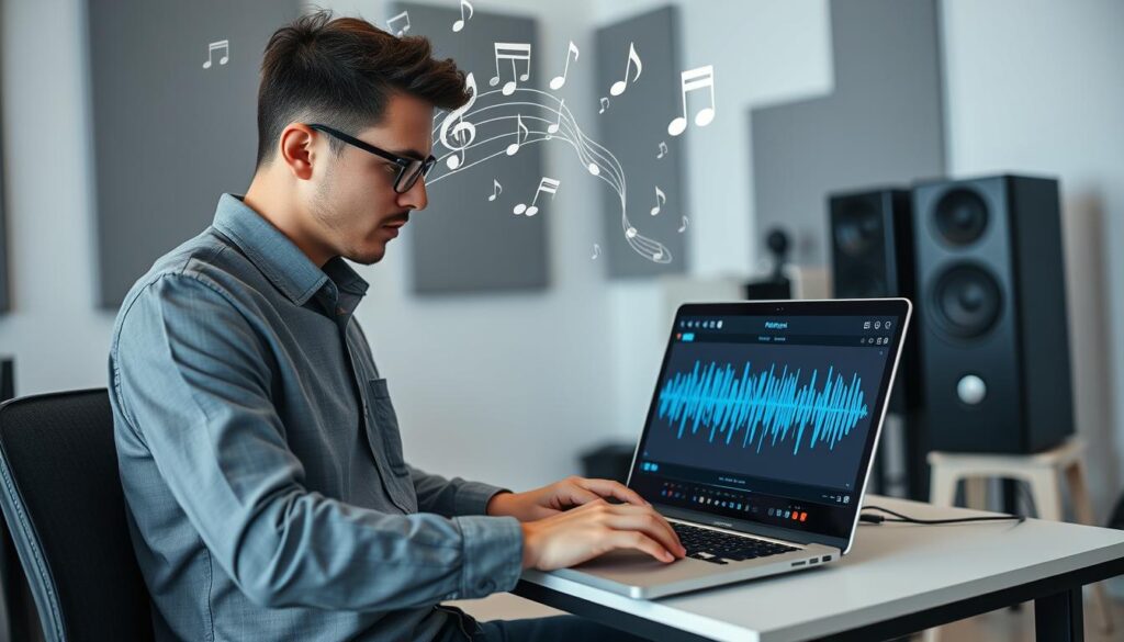 Person using AI music generator on laptop